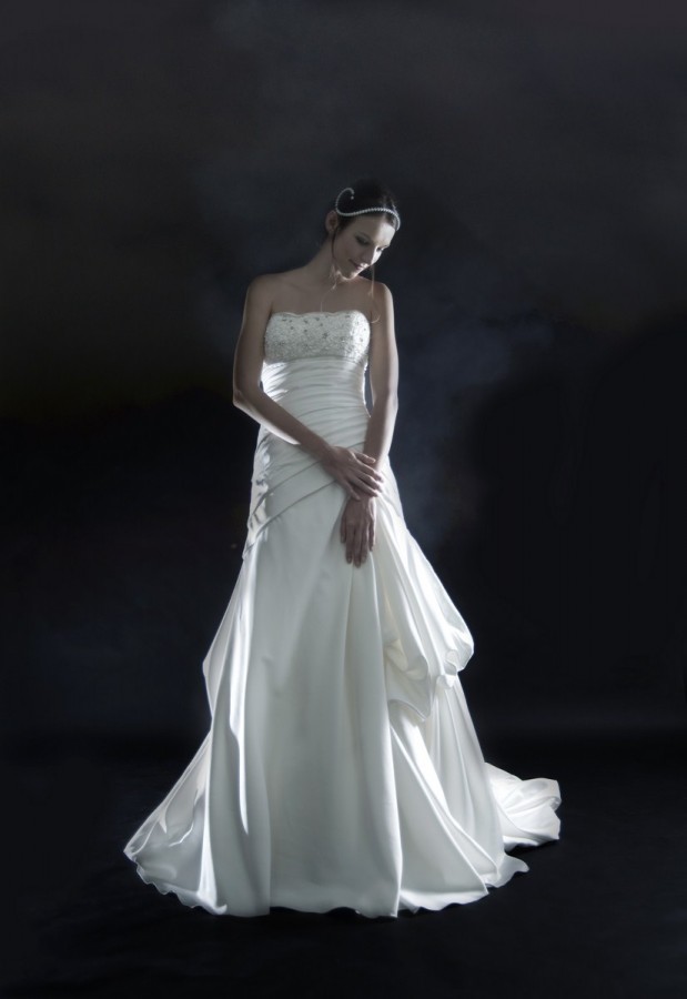 Strapless satin drop waist wedding gown