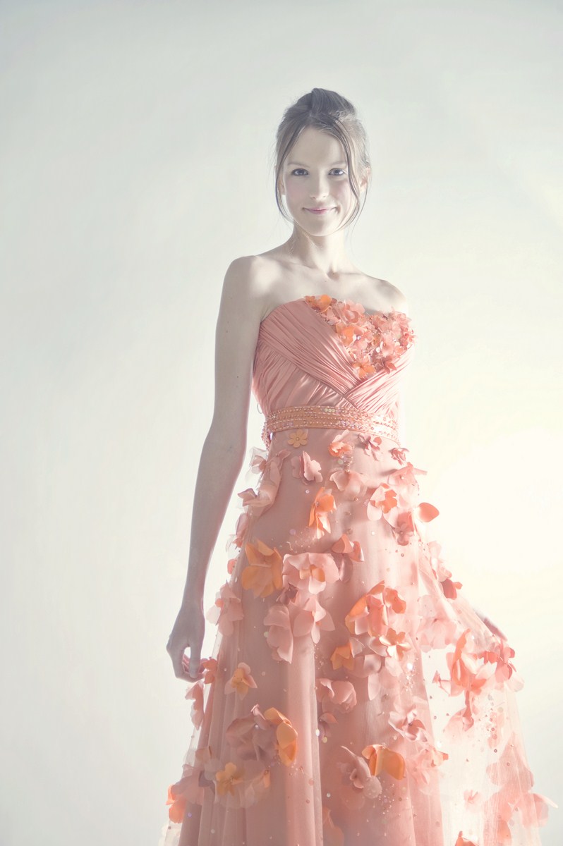 Strapless evening dress with floral applique